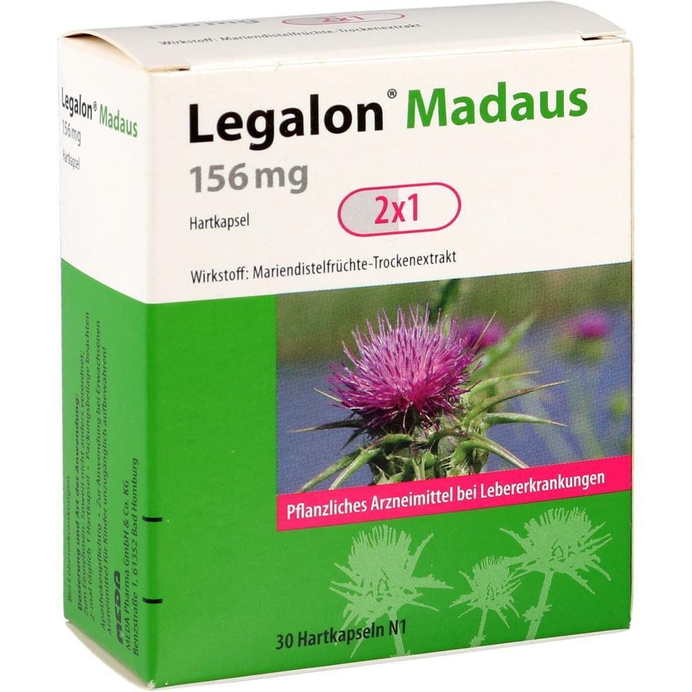 Eine Schachtel "Legalon Madaus" mit einer lila Distel auf der Vorderseite.