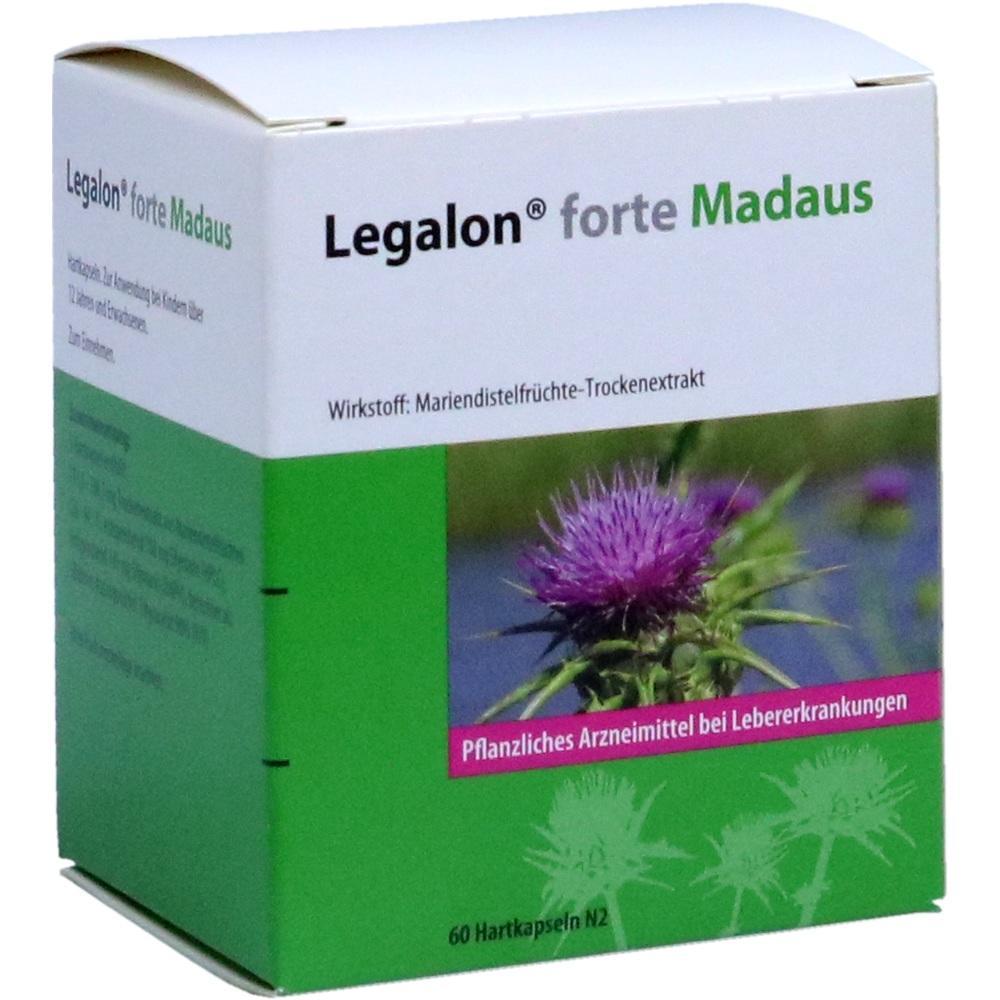 Eine gr&uuml;ne Verpackung von Legalon forte mit einem violetten Mariendistelbild.