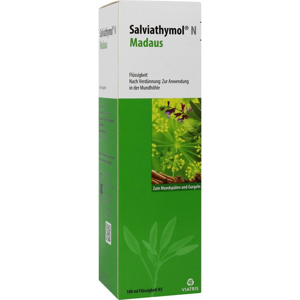 Eine gr&uuml;ne Verpackung mit Salbeimotiv und Aufschrift "Salviathymol Madaus".