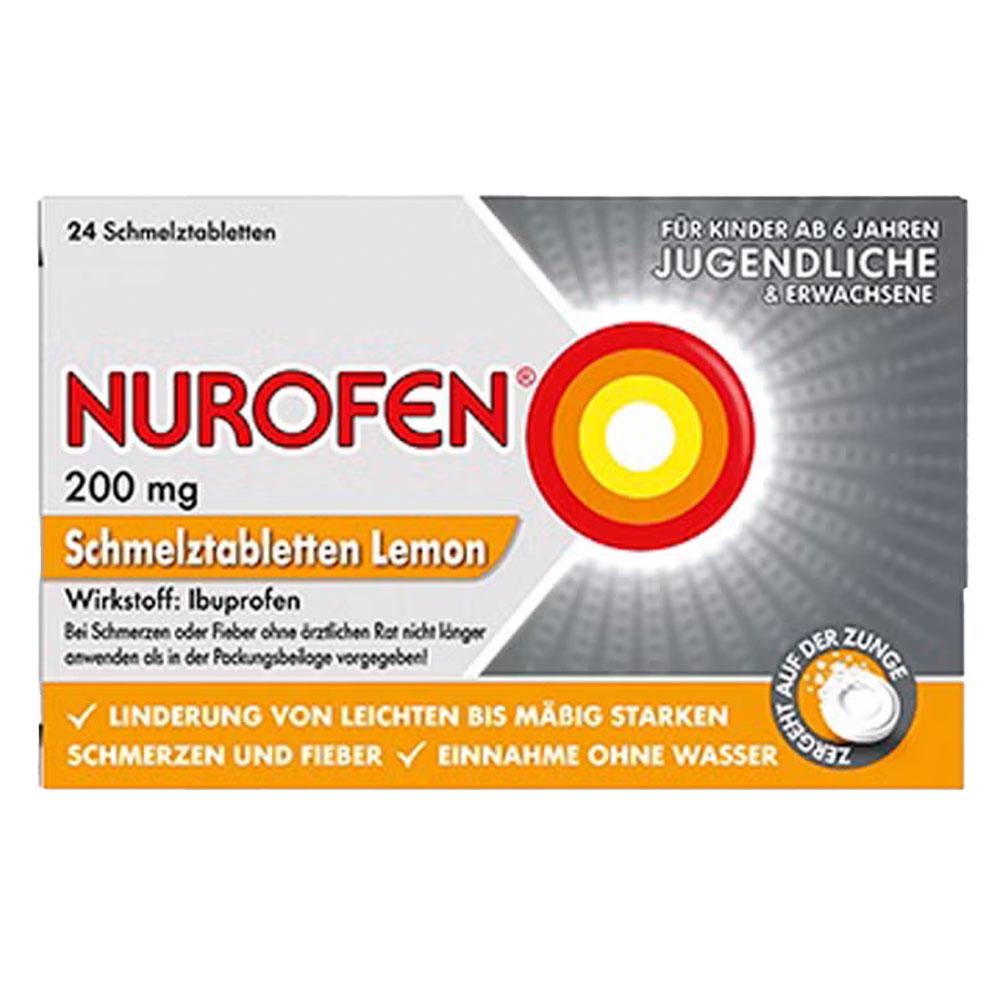 Packung von Nurofen Schmelztabletten Lemon mit 200 mg Ibuprofen f&uuml;r Kinder ab 6 Jahren.