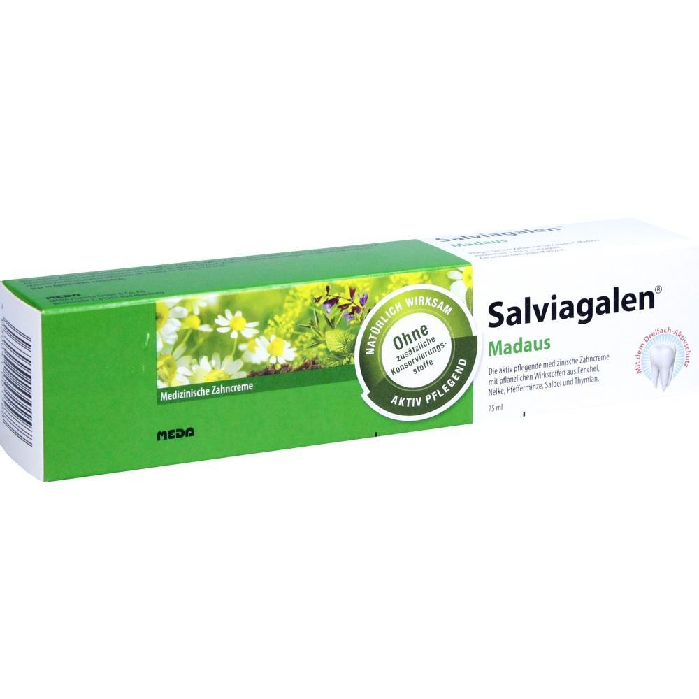 Gr&uuml;ne Zahnpastaverpackung mit Blumenmotiv und der Aufschrift "Salviagalen".