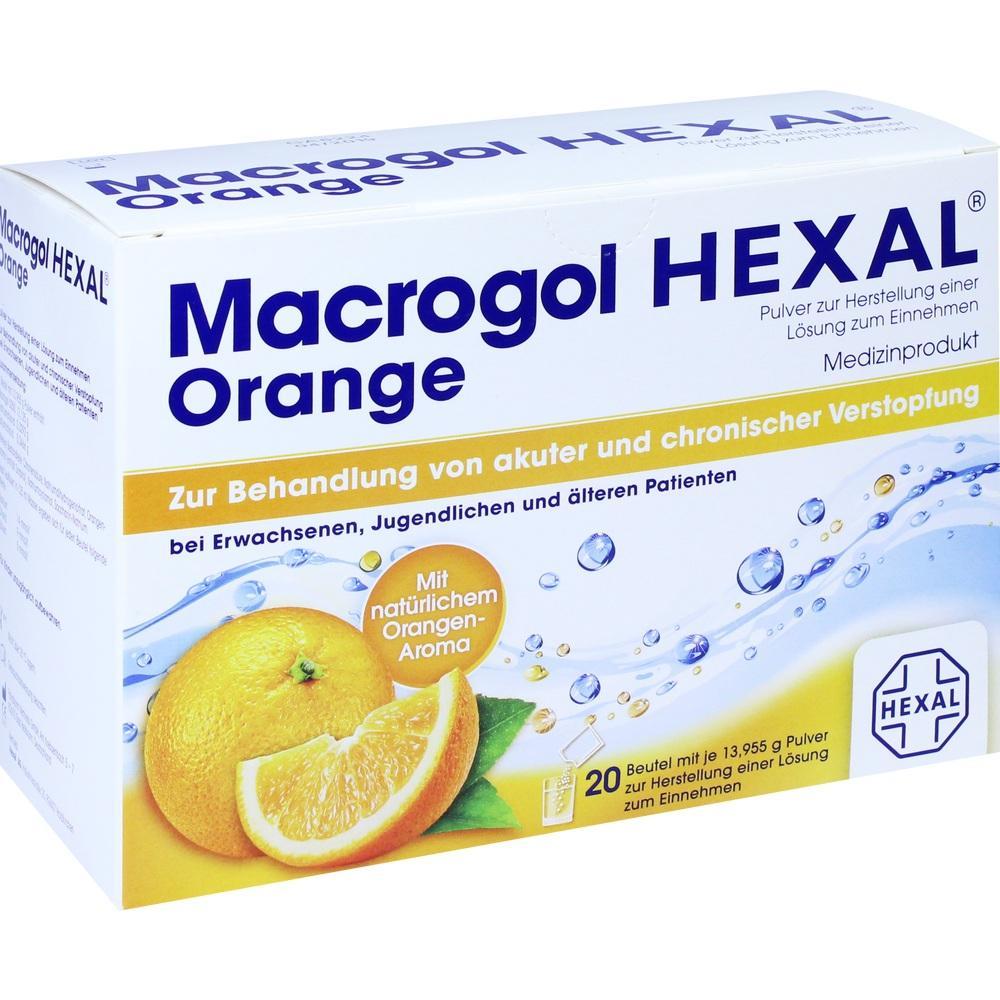 Eine Verpackung von Macrogol HEXAL Orange gegen Verstopfung mit Orangen-Aroma.