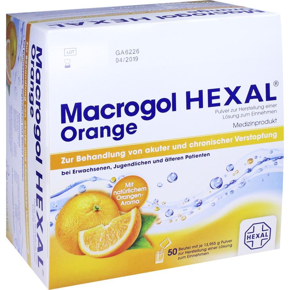 Eine Packung Macrogol HEXAL Orange zur Behandlung von Verstopfung.