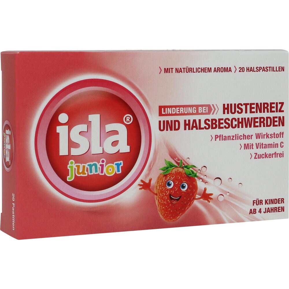 Rote Packung mit isla junior Halsbonbons, Erdbeer-Geschmack f&uuml;r Kinder ab 4 Jahren.