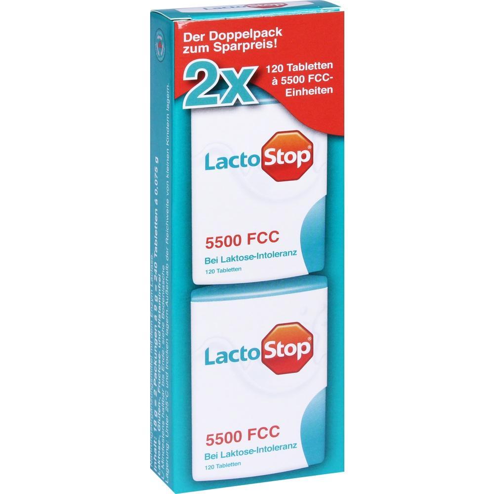 Zwei Packungen LactoStop-Tabletten gegen Laktose-Intoleranz.
