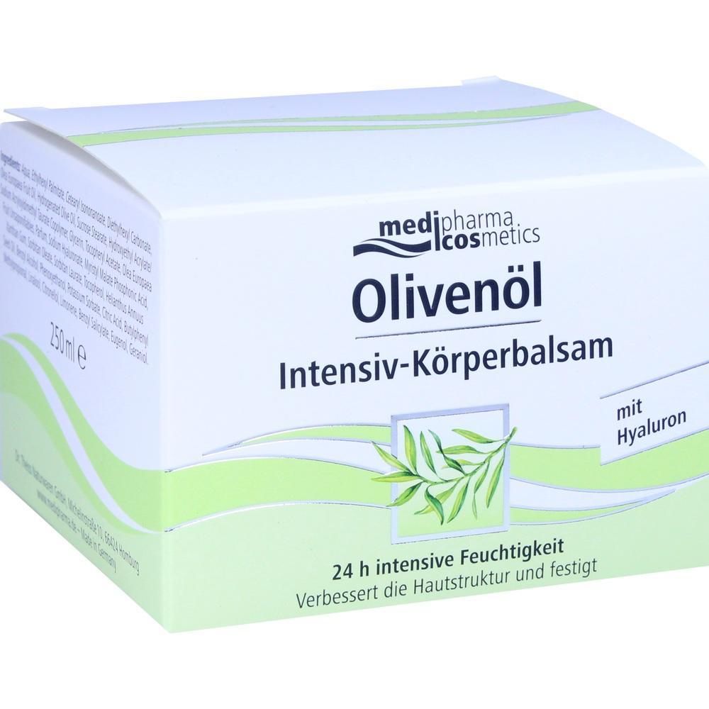Eine gr&uuml;ne und wei&szlig;e Verpackung von Oliven&ouml;l Intensiv-K&ouml;rperbalsam mit Hyaluron.