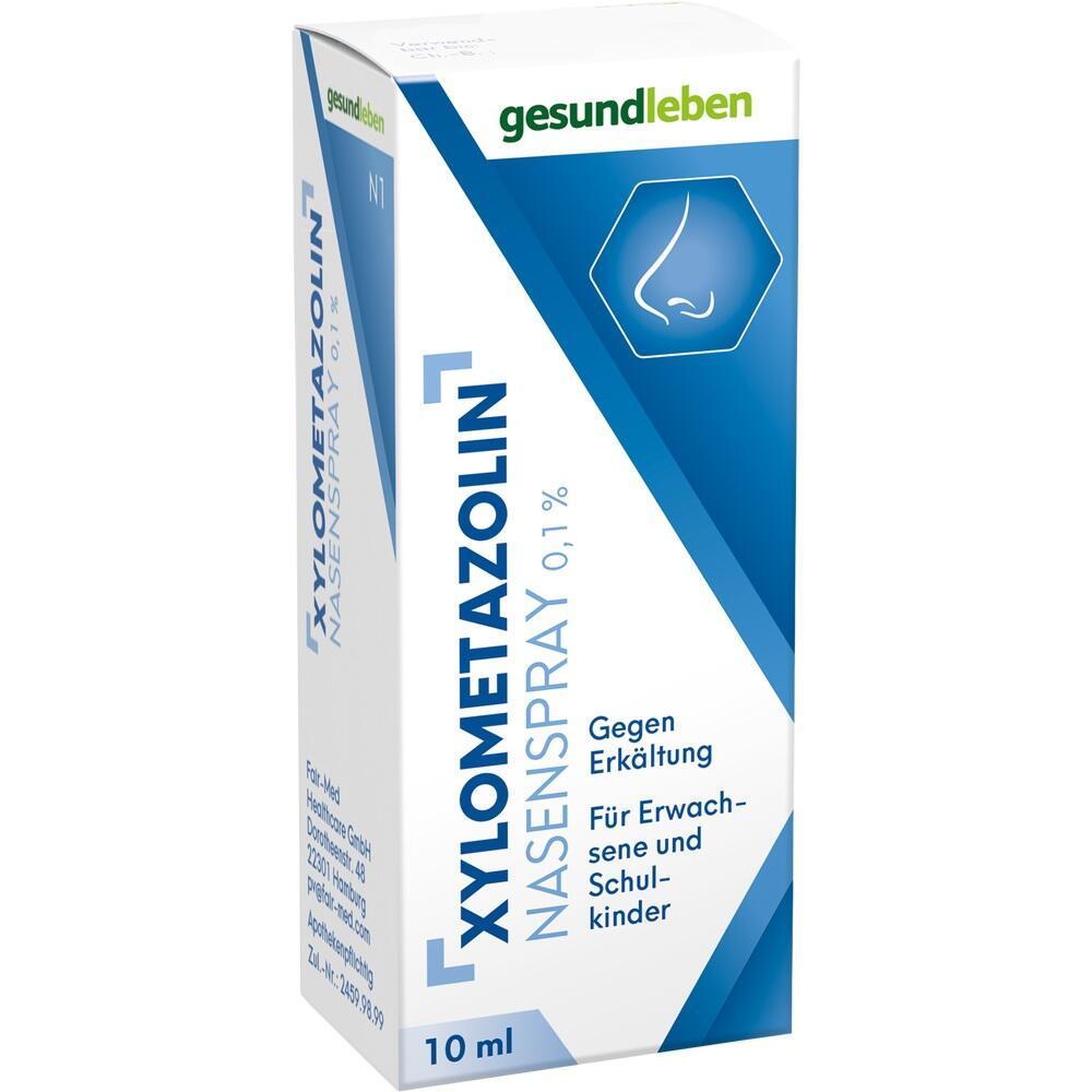 Wei&szlig;e Nasenspray-Box mit blauem und gr&uuml;nem Text f&uuml;r Erk&auml;ltungen.