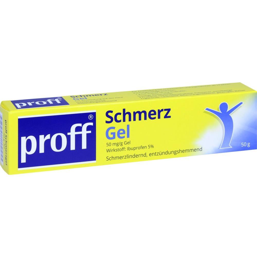 Gelbe Schachtel mit Schmerzgel gegen Schmerzen und Entz&uuml;ndung.