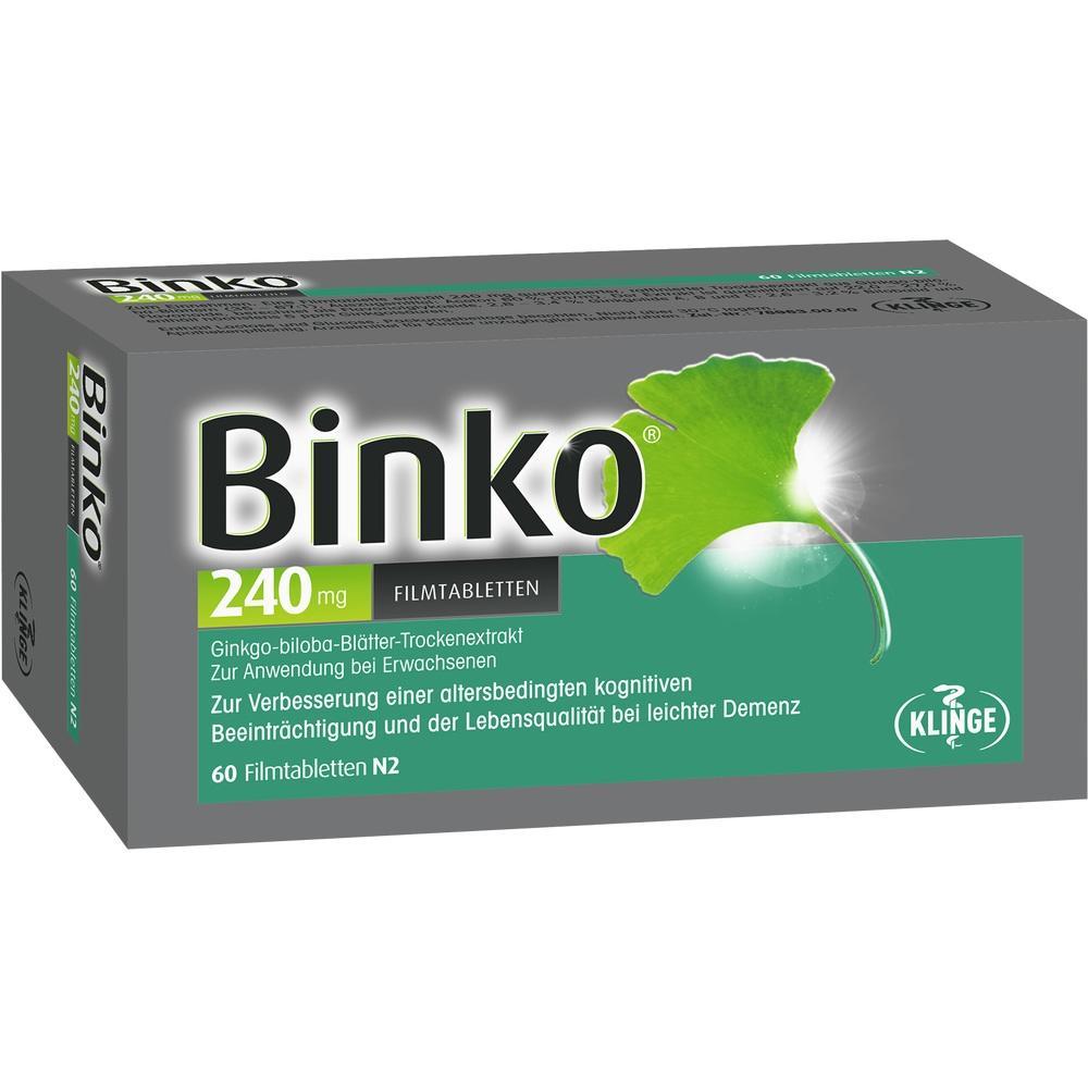 Verpackung von Binko-Tabletten zur Verbesserung kognitiver Leistungen bei älteren Erwachsenen.
