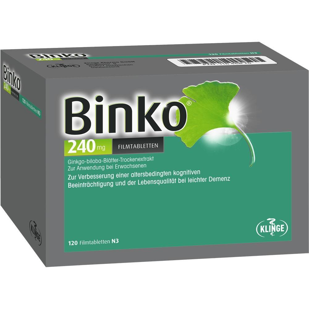 Grau-grüne Verpackung von Binko Tabletten mit Ginkgo-Blatt.