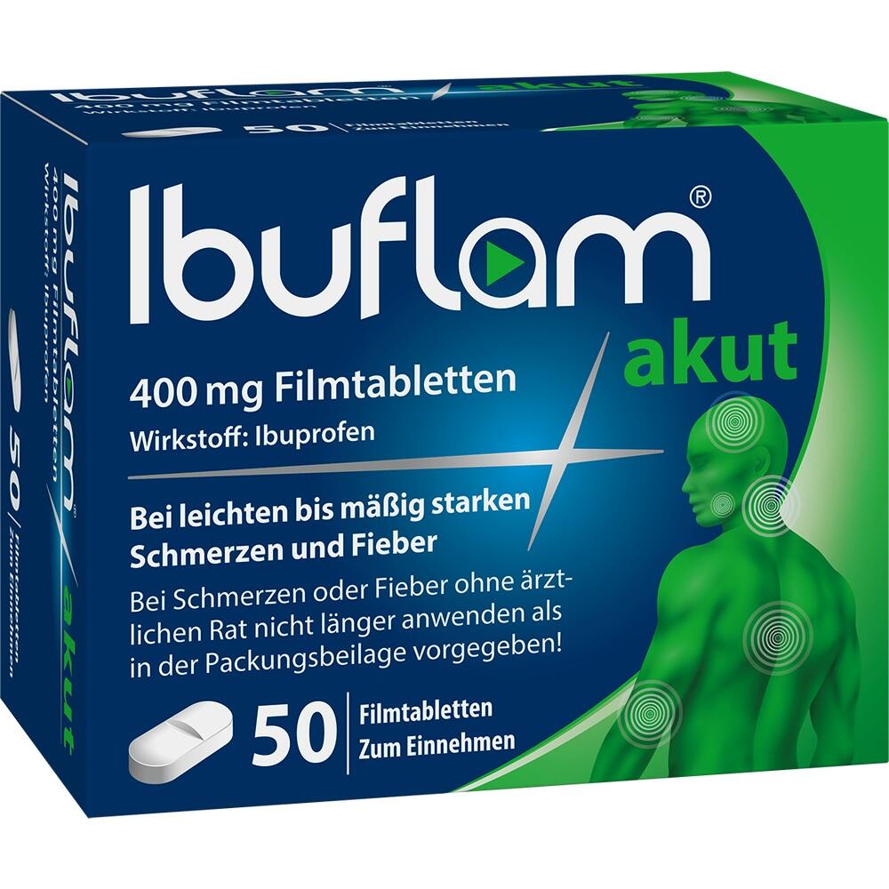 Verpackung von Ibuflam 400 mg Tabletten gegen Schmerzen und Fieber.