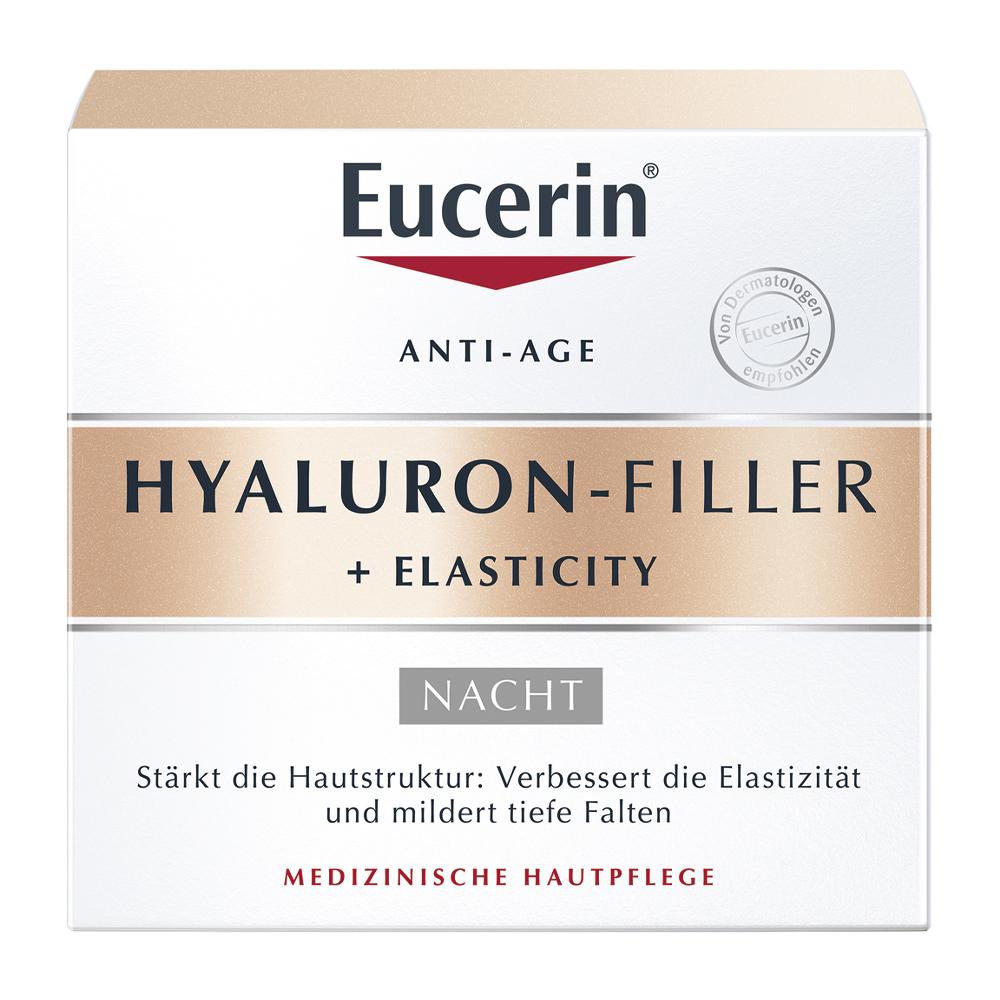 Eine Packung von Eucerin Hyaluron-Filler Nachtcreme mit Anti-Age Wirkung.