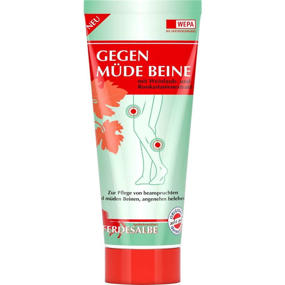 Eine gr&uuml;ne Tube mit Creme gegen m&uuml;de Beine und Pflanzenextrakt.