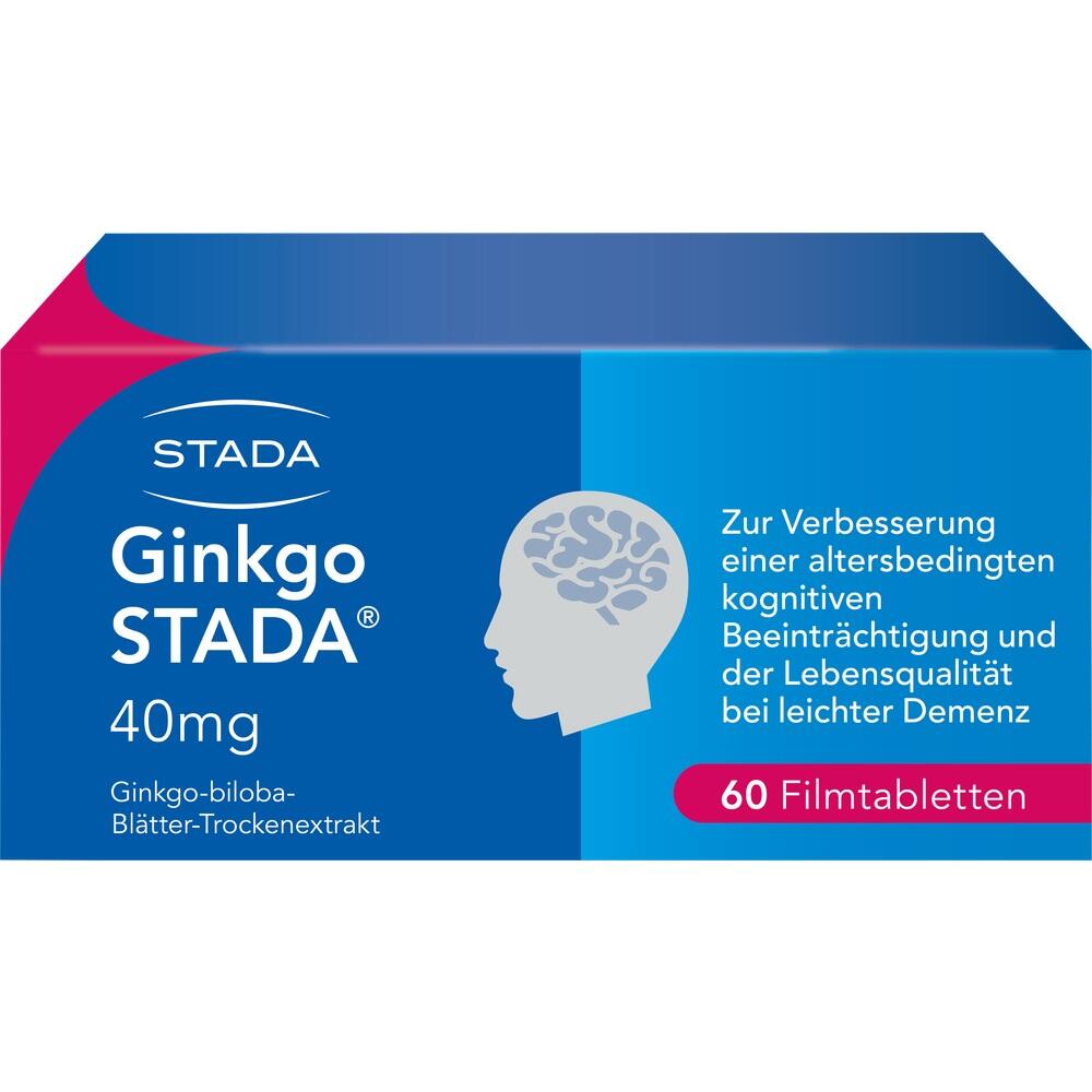 Verpackung einer Ginkgo STADA 40mg Medikamentenschachtel mit 60 Filmtabletten.
