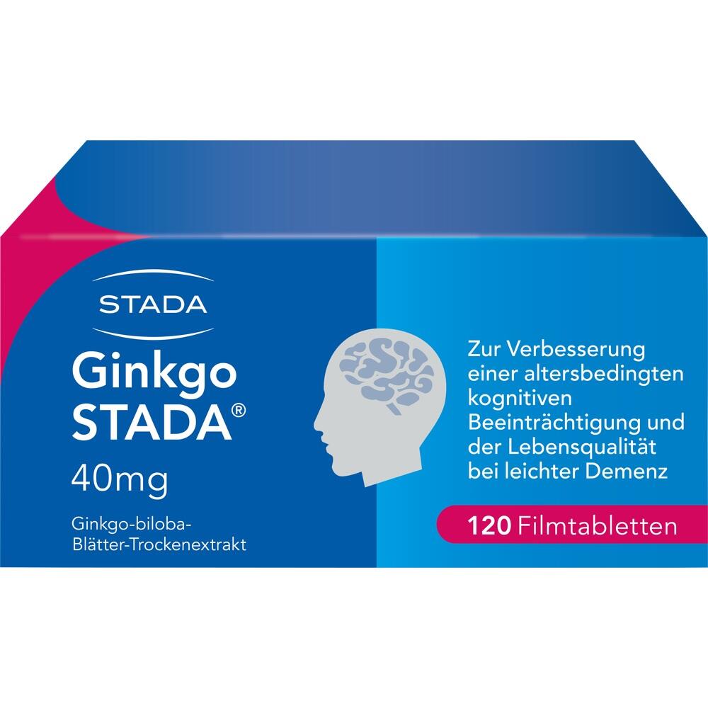 Verpackung von Ginkgo STADA mit 120 Filmtabletten zur Unterst&uuml;tzung der kognitiven Gesundheit.