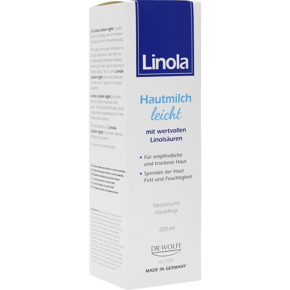 Wei&szlig;e Verpackung mit blauer Aufschrift f&uuml;r Linola Hautmilch, 200 ml f&uuml;r trockene Haut.
