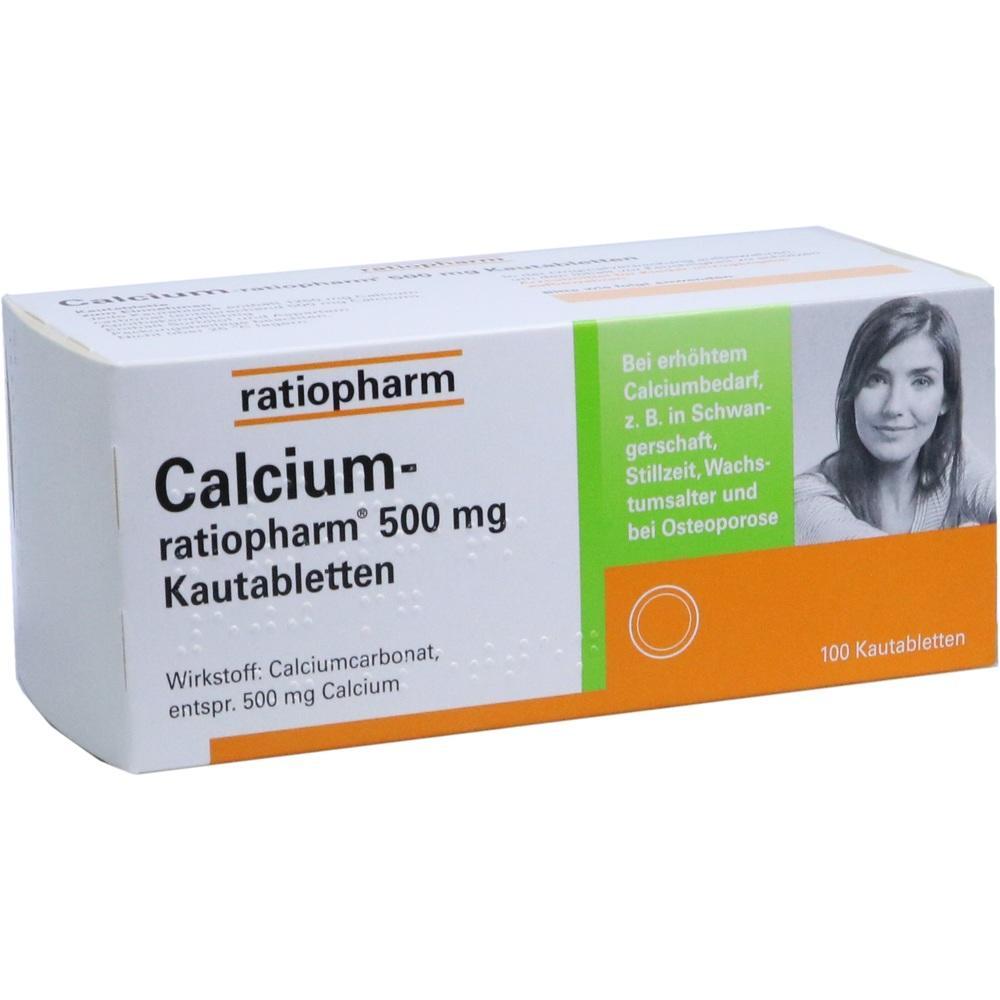 Packung mit 100 Calcium-Kautabletten von Ratiopharm.
