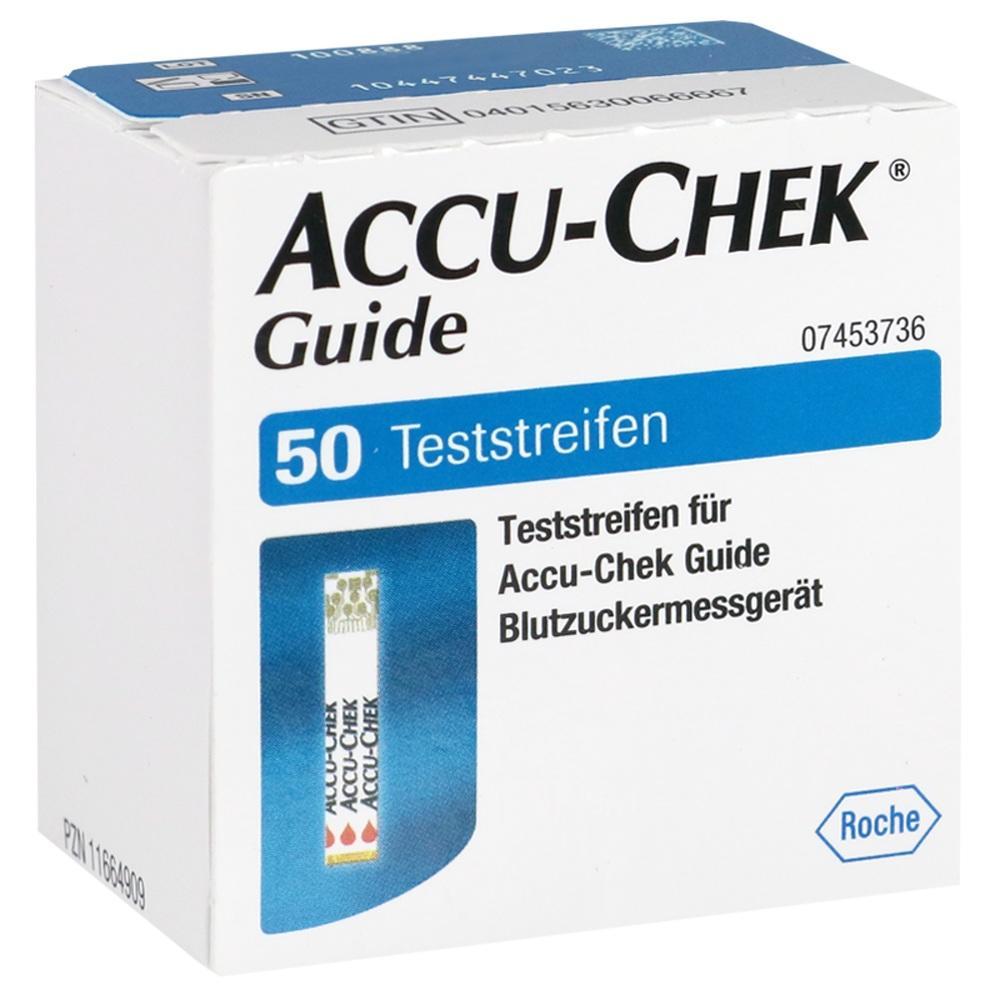Weiße Verpackung mit der Aufschrift "Accu-Chek Guide" und "50 Teststreifen".
