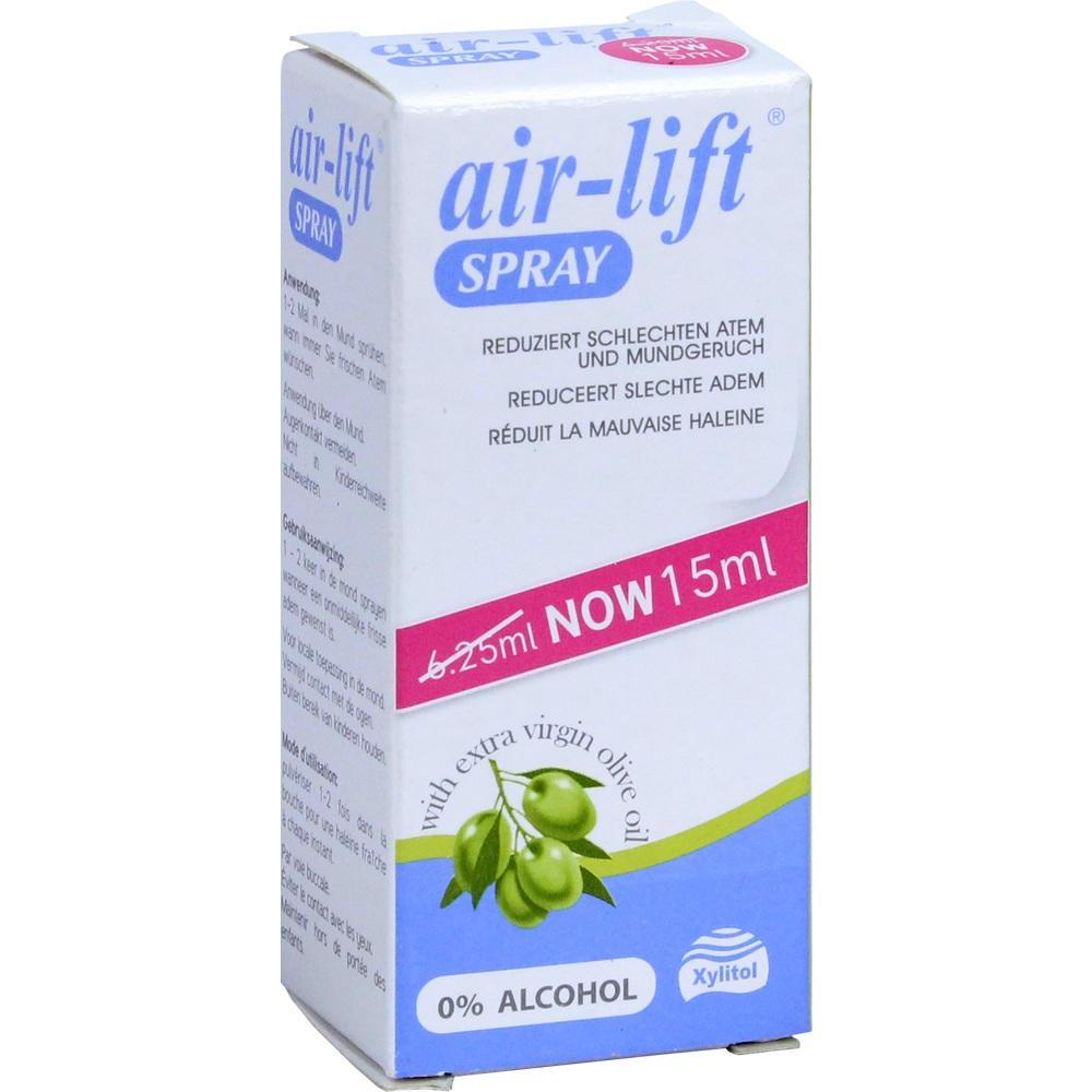 Eine wei&szlig;e Spr&uuml;hflasche mit der Aufschrift "air-lift" zur Reduzierung von Mundgeruch.