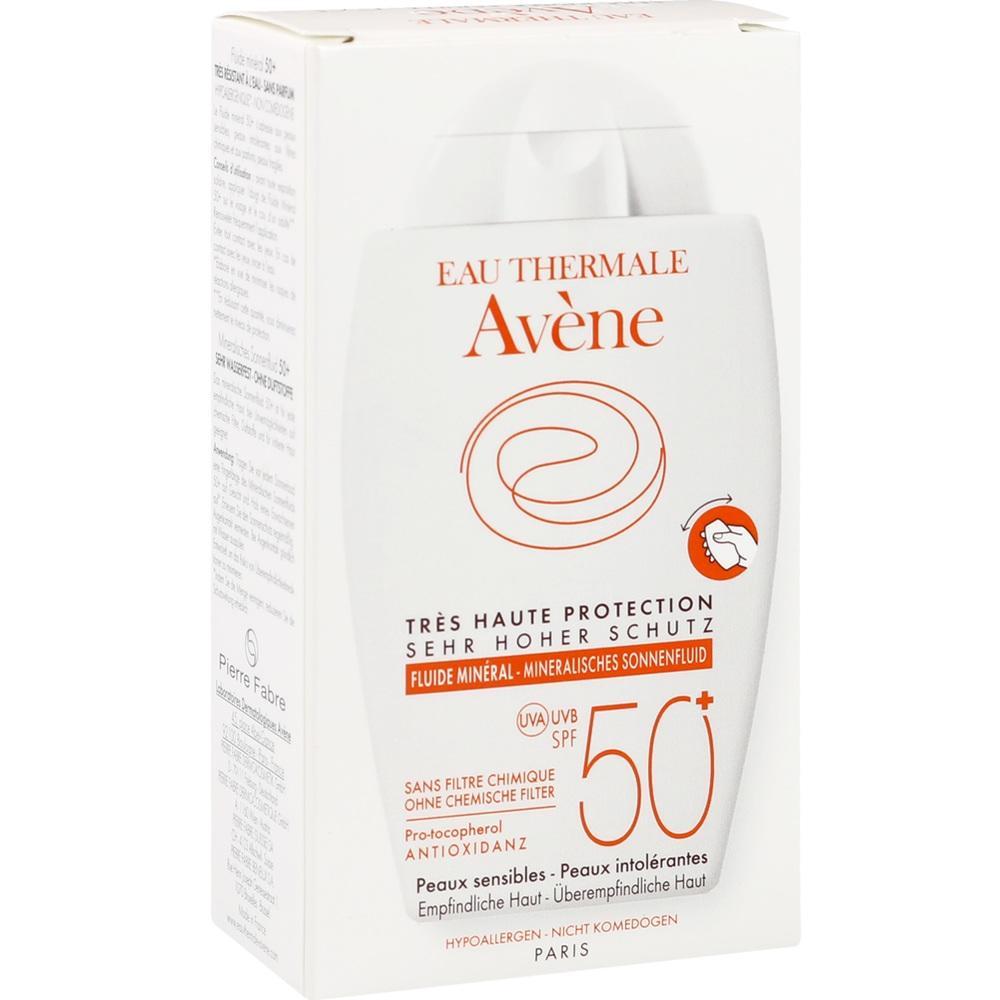 Sonnencreme von Av&egrave;ne mit Lichtschutzfaktor 50+ in einem wei&szlig;en Karton.