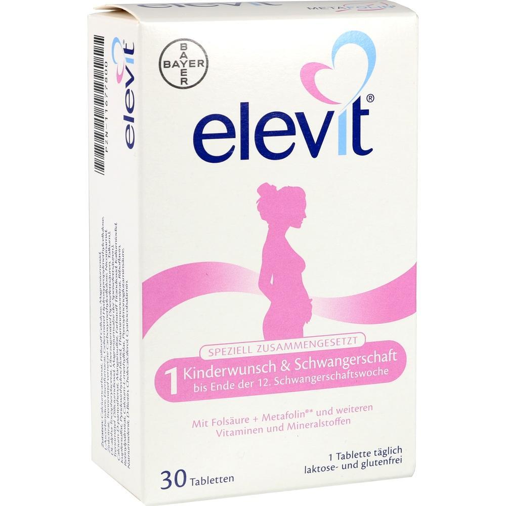 Weiße Verpackung mit Silhouette einer schwangeren Frau und dem Text "elevit".