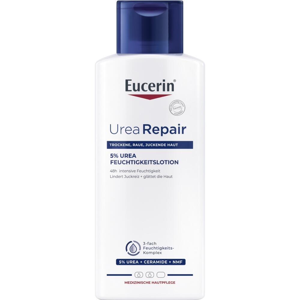 Wei&szlig;e Flasche mit blauer Kappe enth&auml;lt Eucerin UreaRepair Feuchtigkeitslotion.