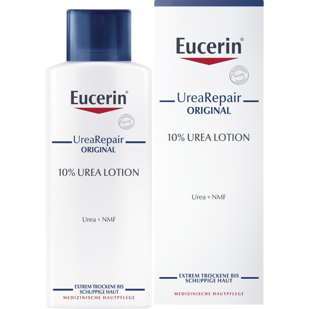 Flasche und Verpackung von Eucerin UreaRepair Lotion f&uuml;r trockene Haut.