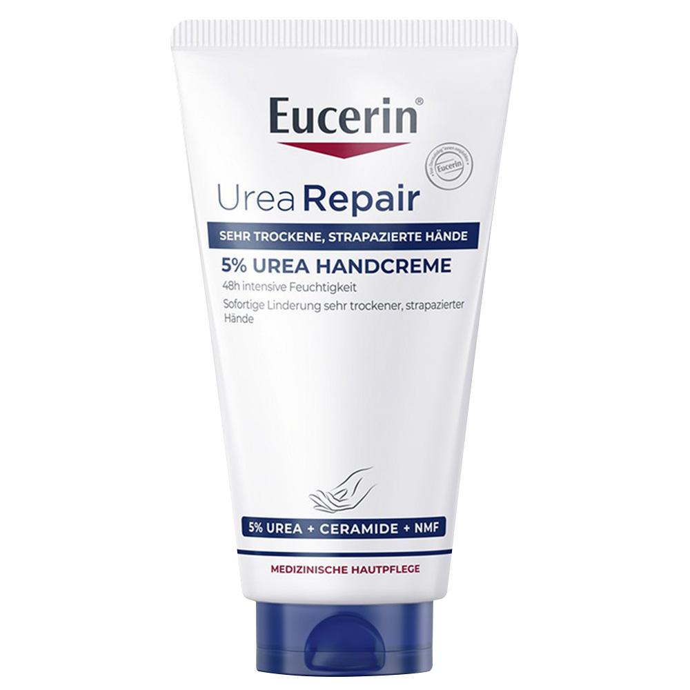 Wei&szlig;es Handcreme-Tube mit blauer Kappe und Aufschrift "Eucerin Urea Repair".