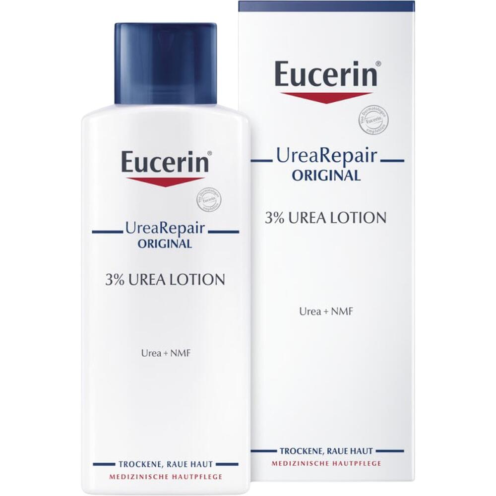 Eine wei&szlig;e Flasche mit Eucerin UreaRepair 3% Urea Lotion f&uuml;r trockene Haut.