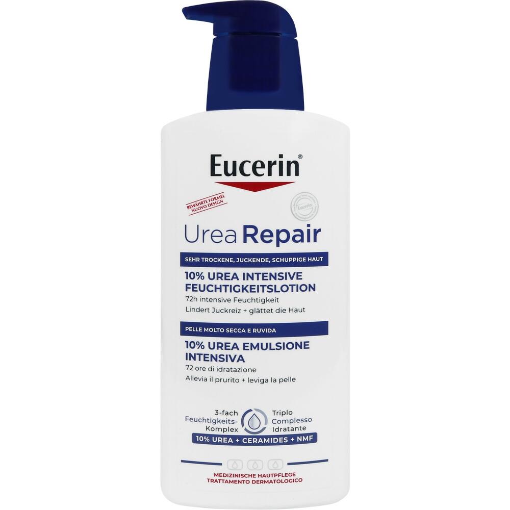 Weiße Flasche Eucerin Urea Repair Feuchtigkeitslotion mit blauem Deckel.