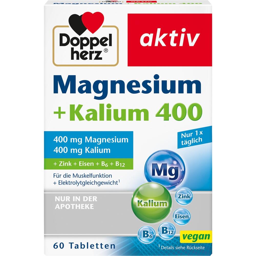 Verpackung einer Nahrungsergänzung mit Magnesium und Kalium für tägliche Einnahme.