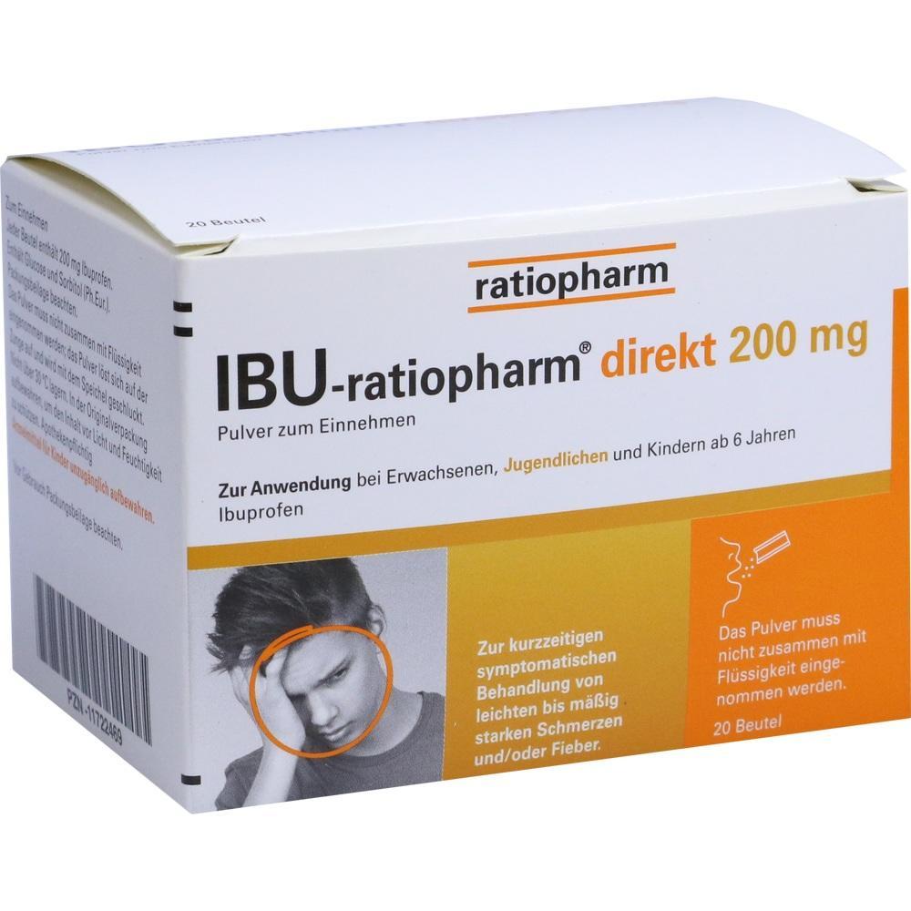 Box mit Schmerzmittel Pulver namens IBU-ratiopharm direkt 200 mg.