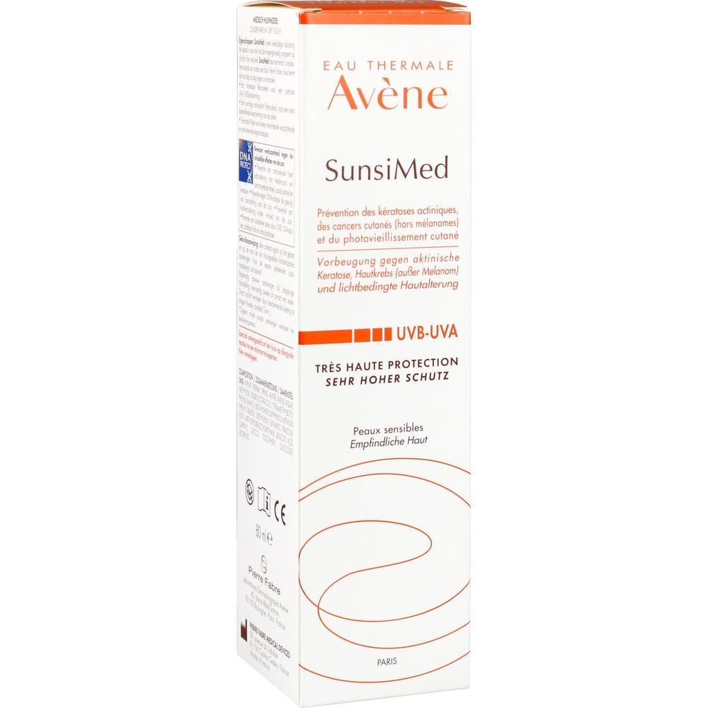 Weiße Verpackung mit orangen Details von Avène SunsiMed Hautschutzprodukt.