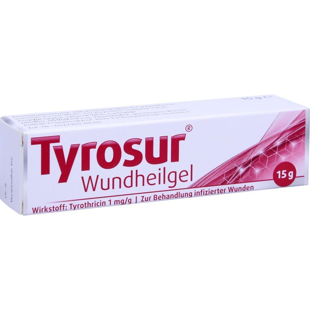 Wei&szlig;e Tyrosur-Schachtel mit rotem Text f&uuml;r Wundheilgel.