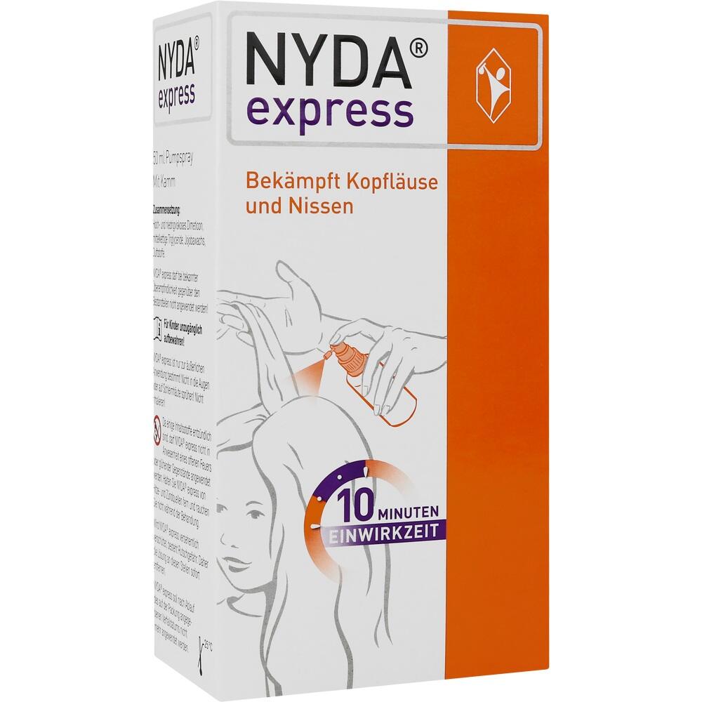 Eine Verpackung von Nyda express gegen Kopfl&auml;use, mit Abbildung der Anwendung auf Haaren.