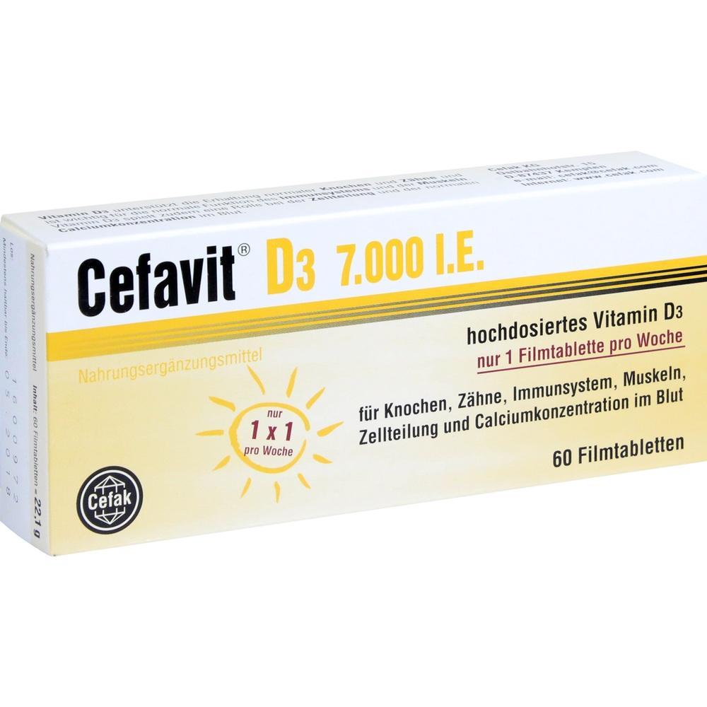Verpackung von Vitamin D3 Tabletten mit der Aufschrift "Cefavit D3 7.000 I.E.".