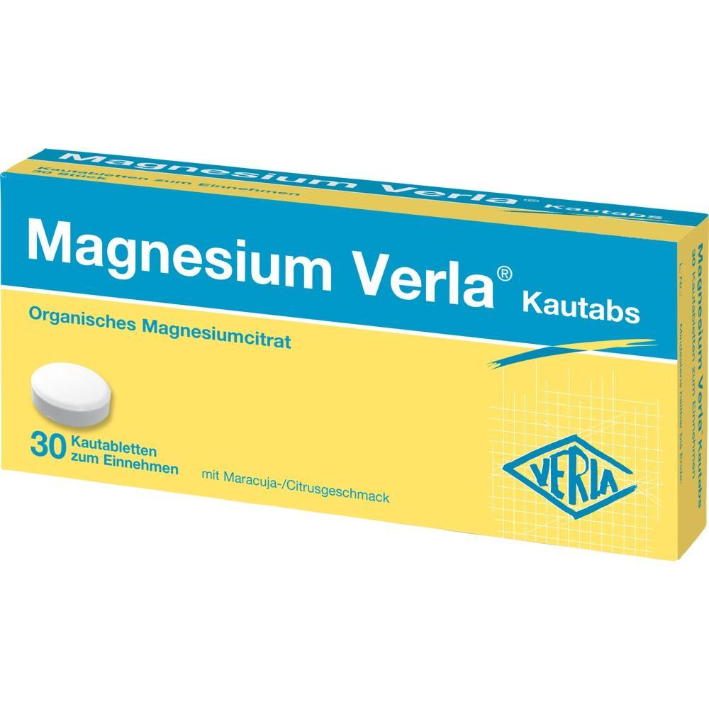 Gelbe Schachtel mit Magnesium Verla Kautabletten, 30 St&uuml;ck mit Maracuja-Citrusgeschmack.