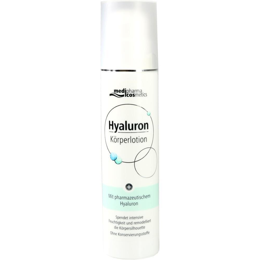 Eine wei&szlig;e Flasche mit Hyaluron-K&ouml;rperlotion von medipharma cosmetics.