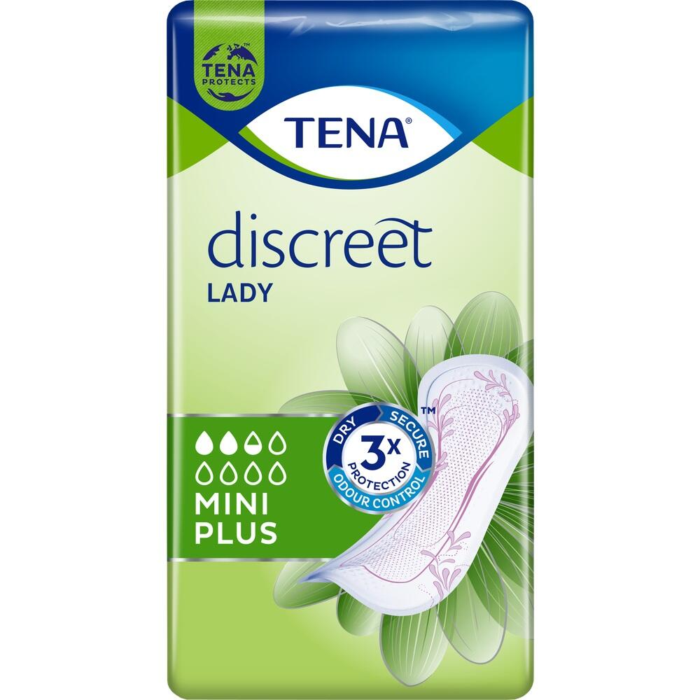 Eine Packung Damenbinden von TENA mit der Aufschrift "discreet lady mini plus".