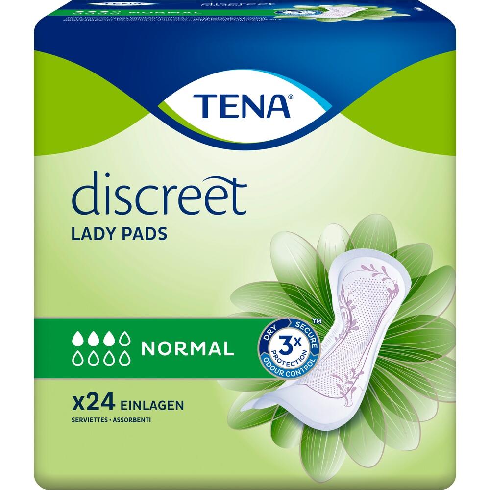 Verpackung von TENA Damenbinden, 24 St&uuml;ck, mit gr&uuml;nem und blauem Design.