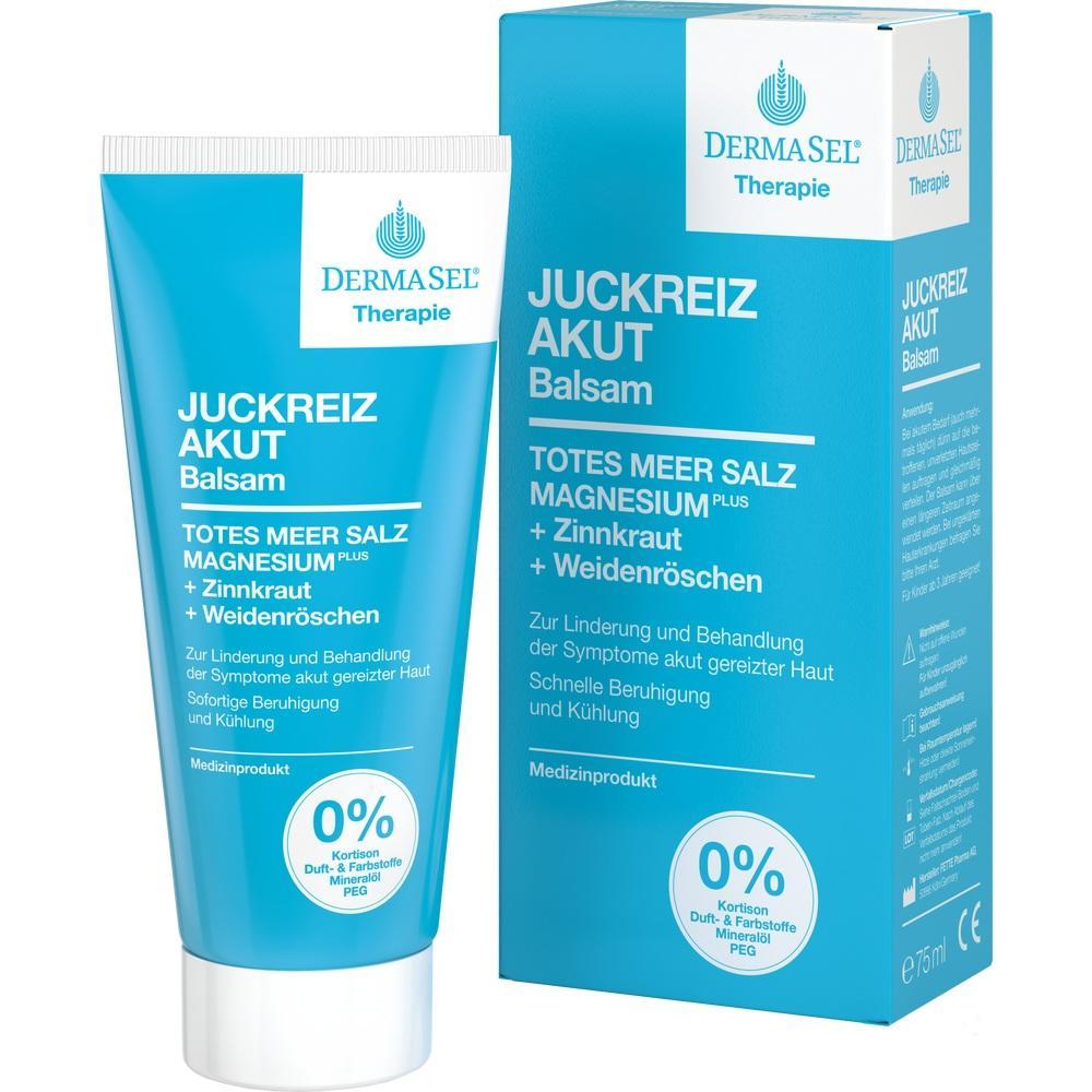 Eine blaue Tube und Schachtel von DermaSel Juckreiz Akut Balsam.
