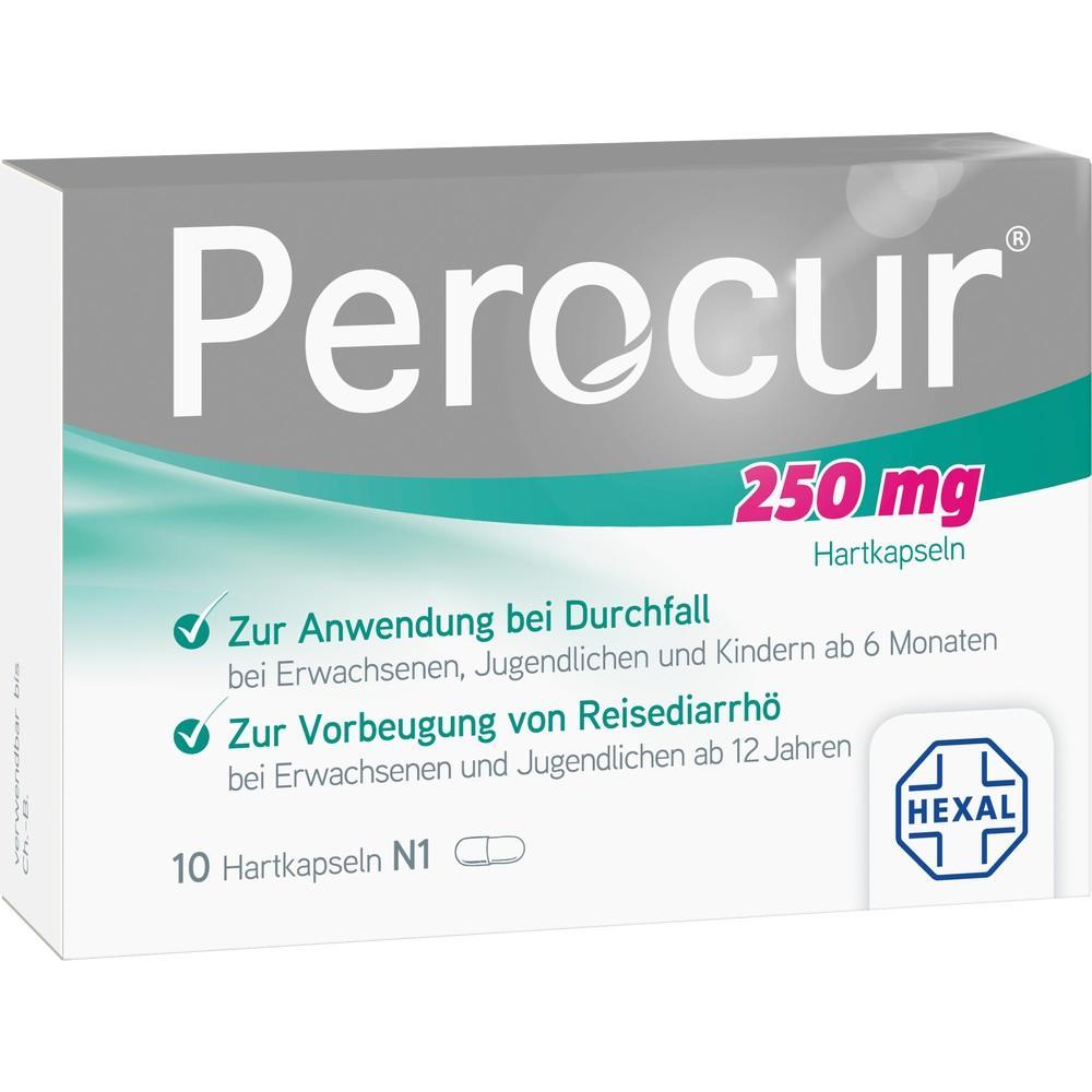 Verpackung von Perocur Hartkapseln, 250 mg, gegen Durchfall und Reisediarrhö.