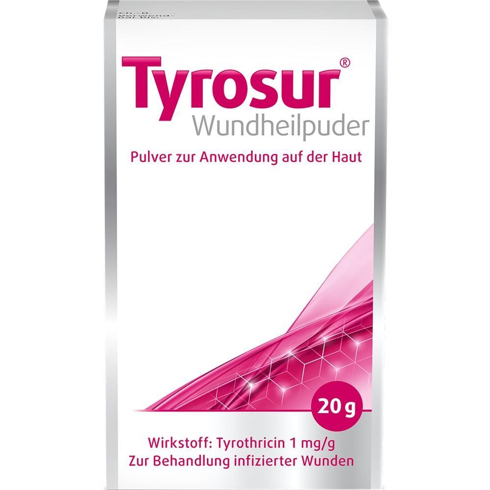 Verpackung von Tyrosur Wundheilpuder zur Behandlung infizierter Wunden.