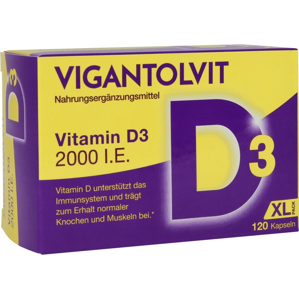 Eine Schachtel Vitamin-D3-Kapseln mit 2000 I.E. zur Unterstützung des Immunsystems.
