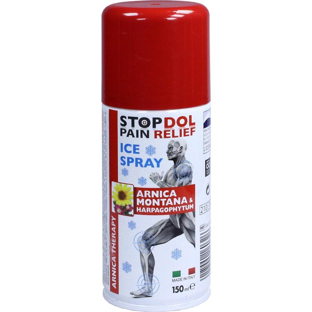 Rote Spraydose mit Aufschrift "Stop Dol Pain Relief Ice Spray".