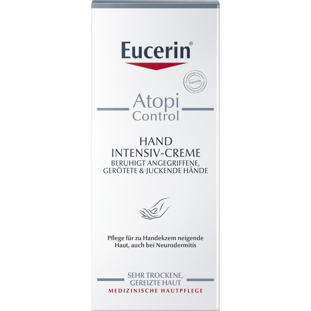 Die Verpackung einer Handcreme von Eucerin f&uuml;r gereizte und trockene Haut.