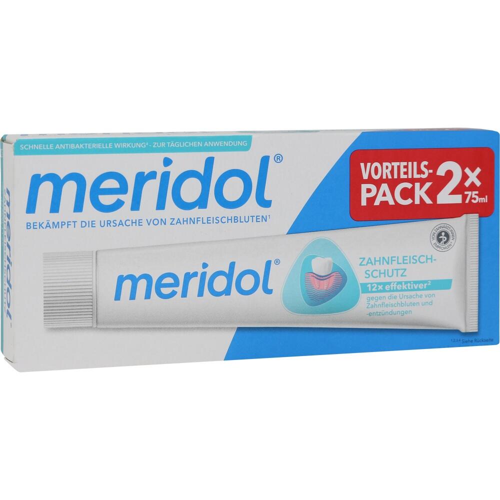 Eine Zahnpastatube von Meridol im Doppelpack gegen Zahnfleischentzündungen.