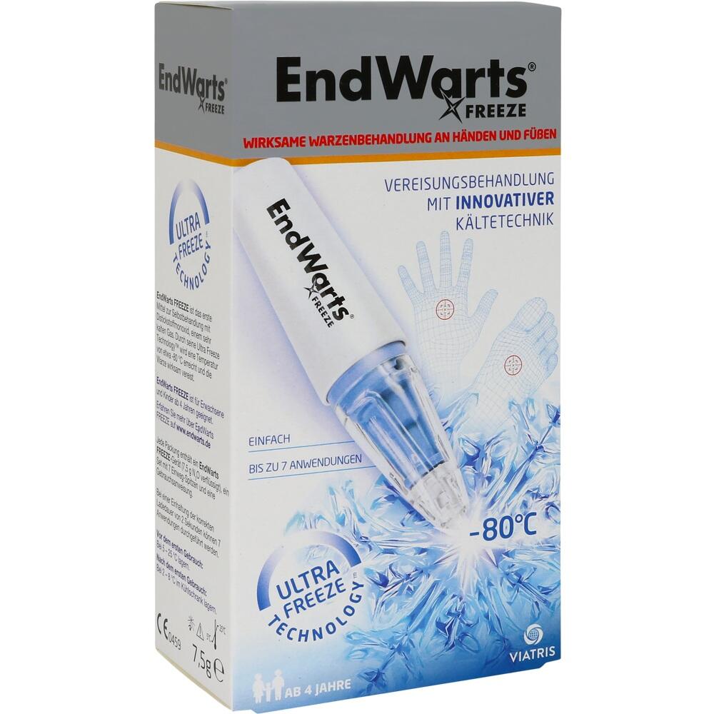 Verpackung eines Warzenentferners mit "EndWarts Freeze" und Frost-Abbildung.