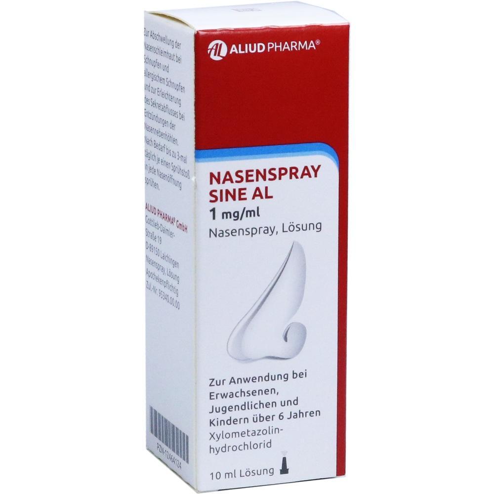 Rote und weiße Verpackung eines Nasensprays mit der Aufschrift "Nasenspray Sine AL".