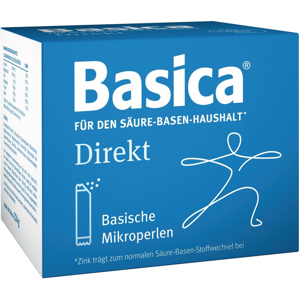 Blaue Packung mit der Aufschrift "Basica Direkt, Basische Mikroperlen".